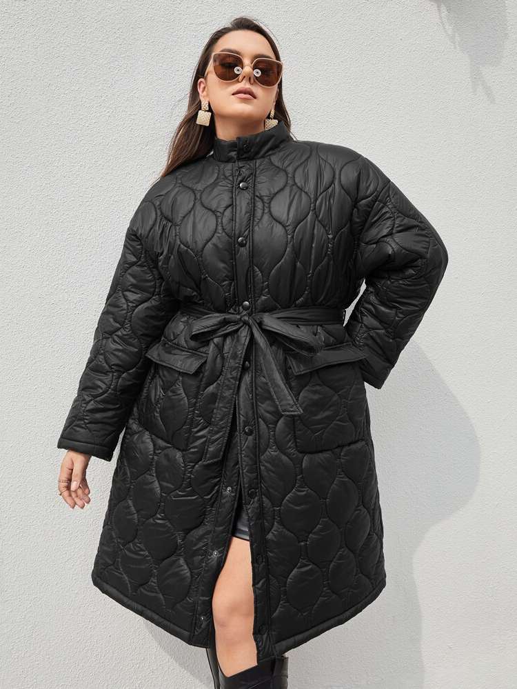 Black Plain Stand Collar Long Sleeve Plus Size Winter Coats 9570