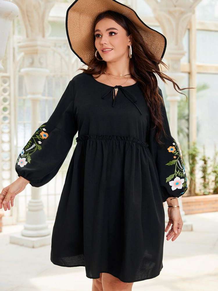 Boho Long Sleeve Tie Neck Plus Size Dresses 3491