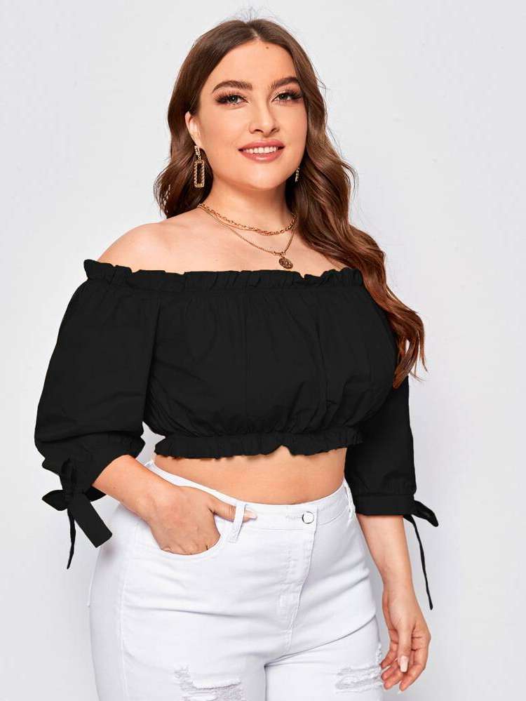 Frill Off the Shoulder Regular Fit Plus Size Tops 92