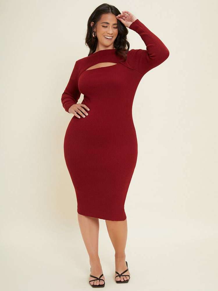 Stand Collar Slim Fit Elegant Plus Size Sweater Dresses 2279