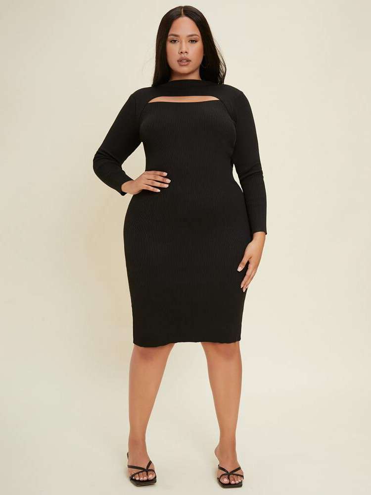 Knee Length Long Sleeve Black Plain Plus Size Knitwear 621