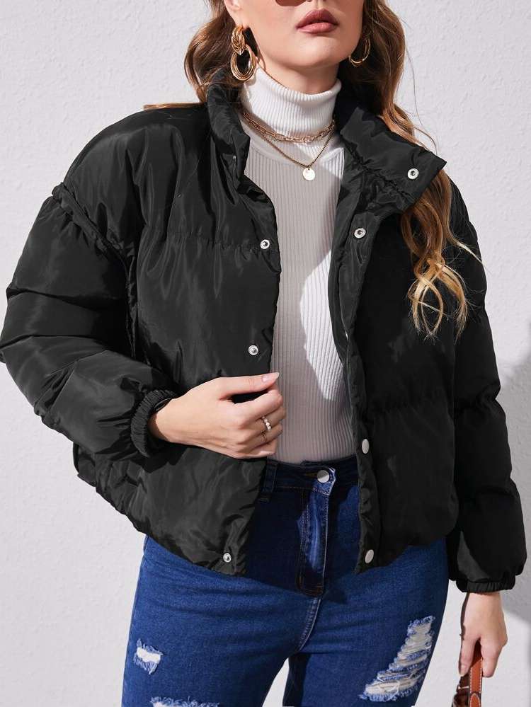  Long Sleeve Black Plain Plus Size Winter Coats 2078