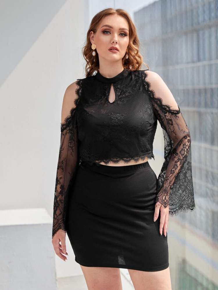  Long Sleeve Keyhole Neckline Elegant Plus Size Co-Ords 8733