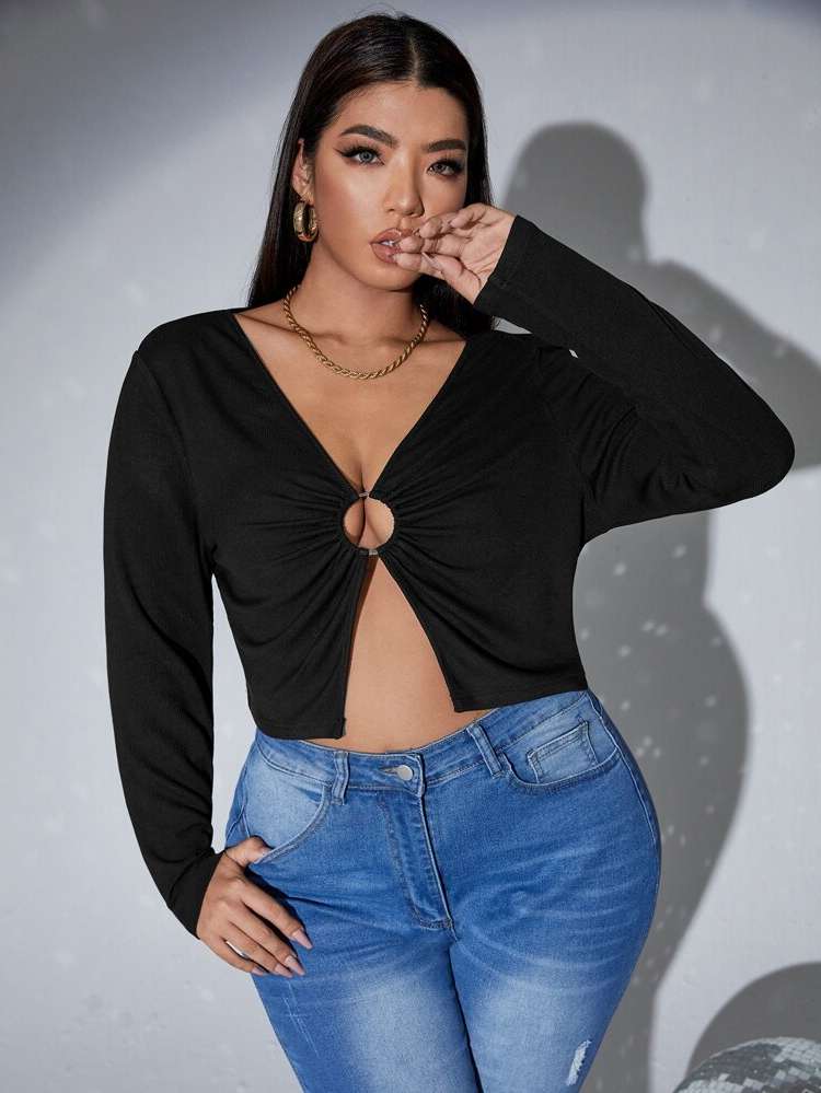  Ring Plain Black Plus Size Tops 7067