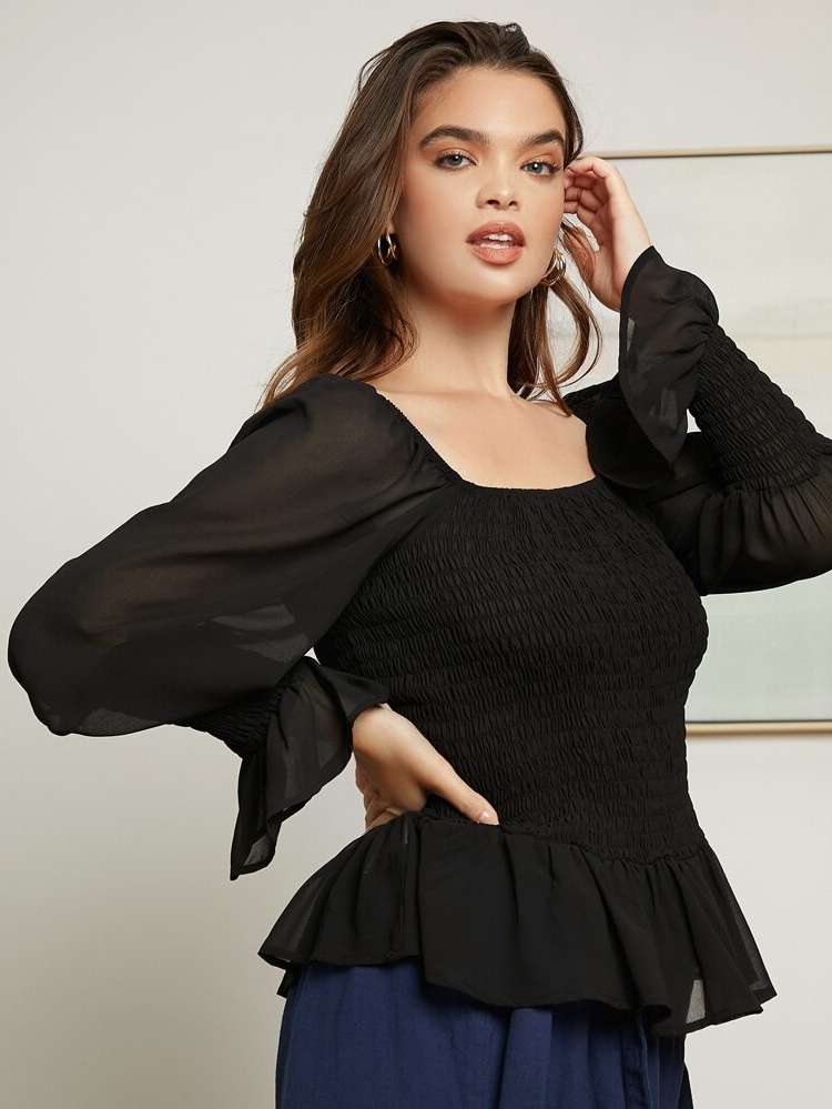 Black Contrast Mesh Plain Long Sleeve Plus Size Blouses 5644