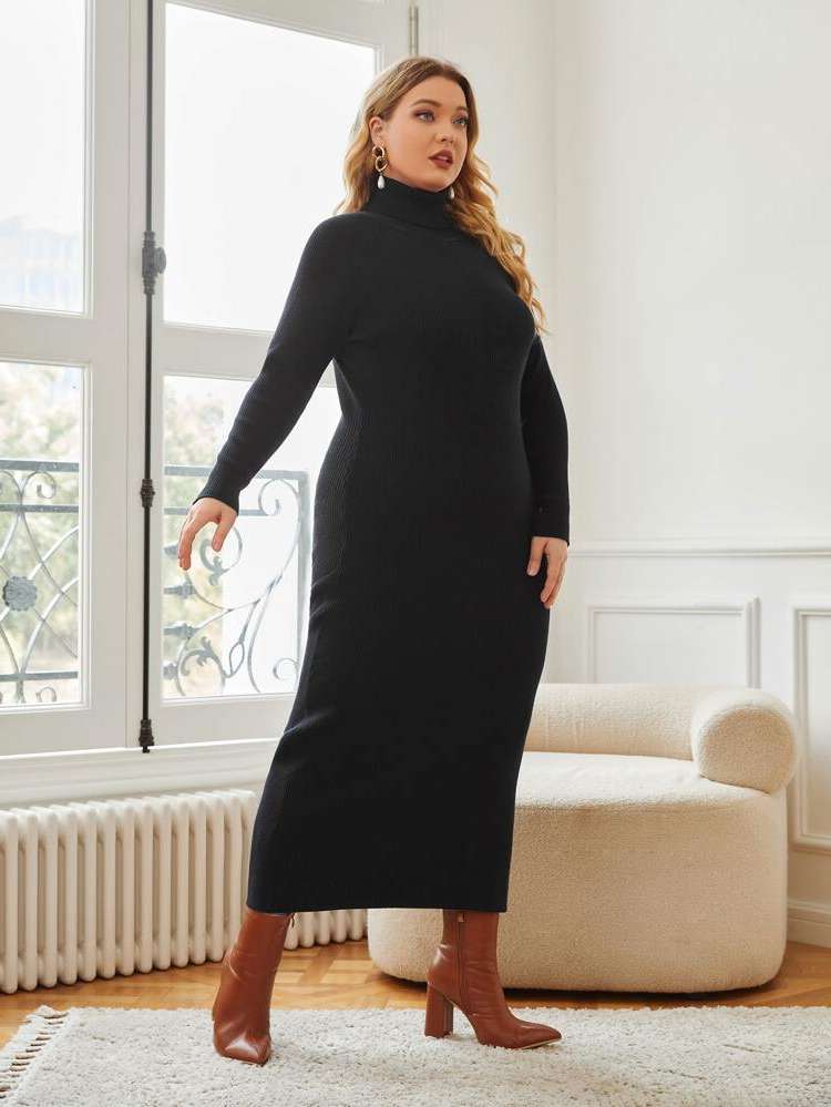 Slim Fit Black Elegant Long Plus Size Knitwear 6953