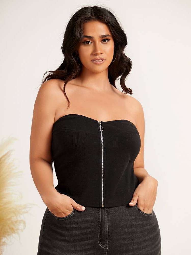 Plain Sexy Zipper Plus Size Tops 7464