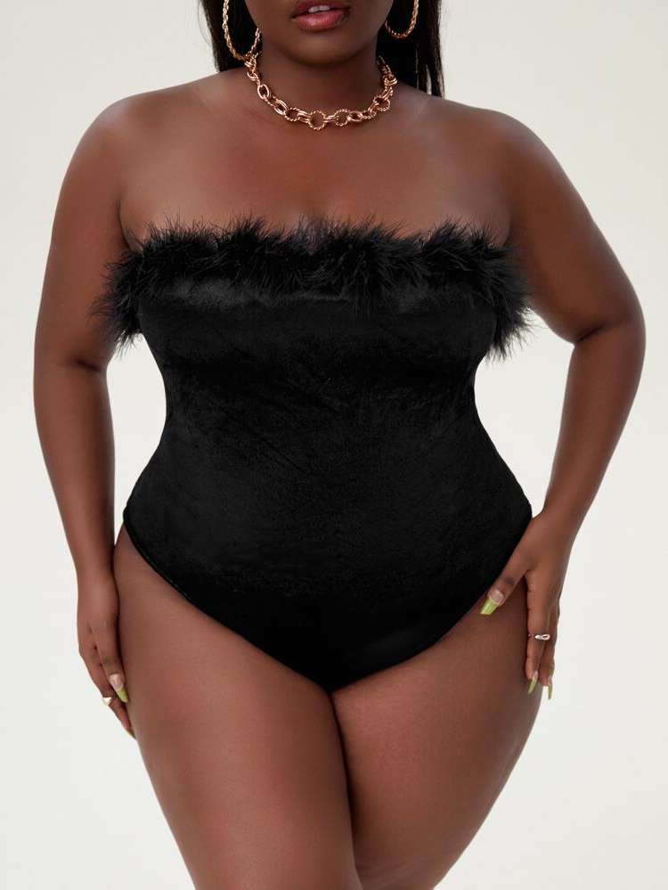 Black  Strapless Plus Size Bodysuits 549