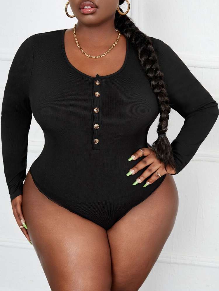 Casual Rib-Knit Scoop Neck Plus Size Jumpsuits  Bodysuits 3843