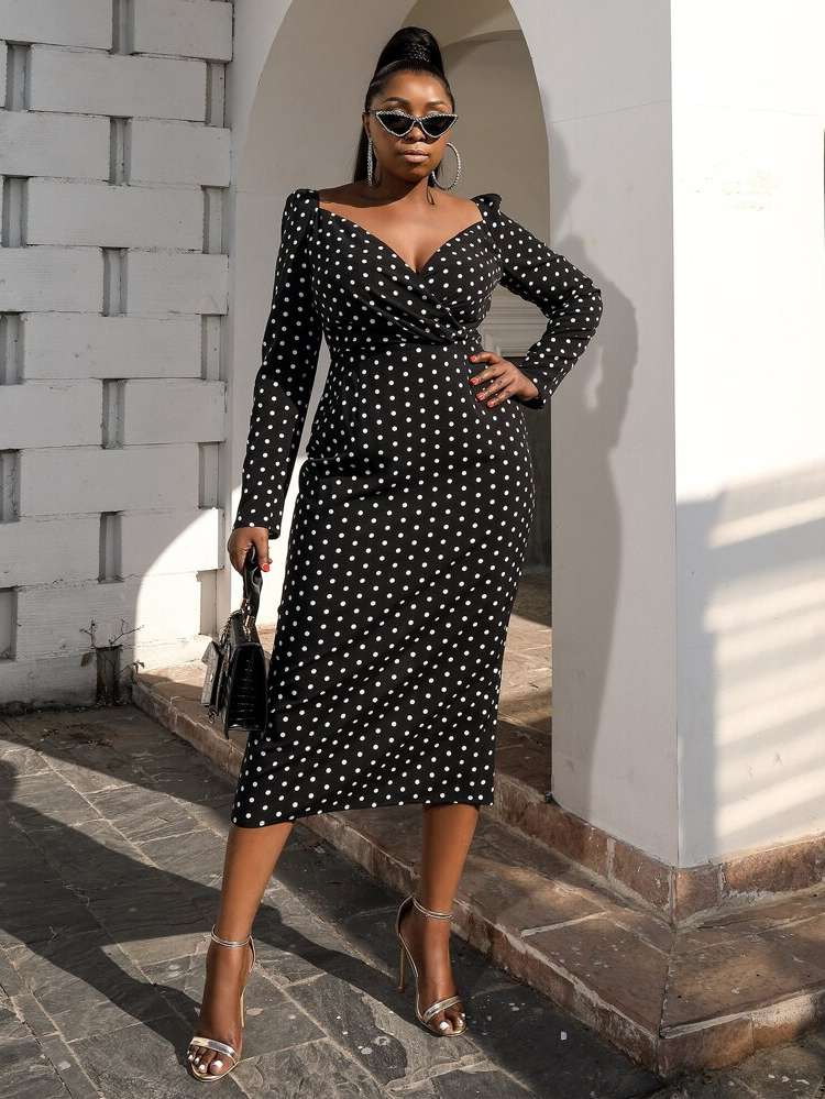 Black Long Long Sleeve Polka Dot Plus Size Dresses 2787