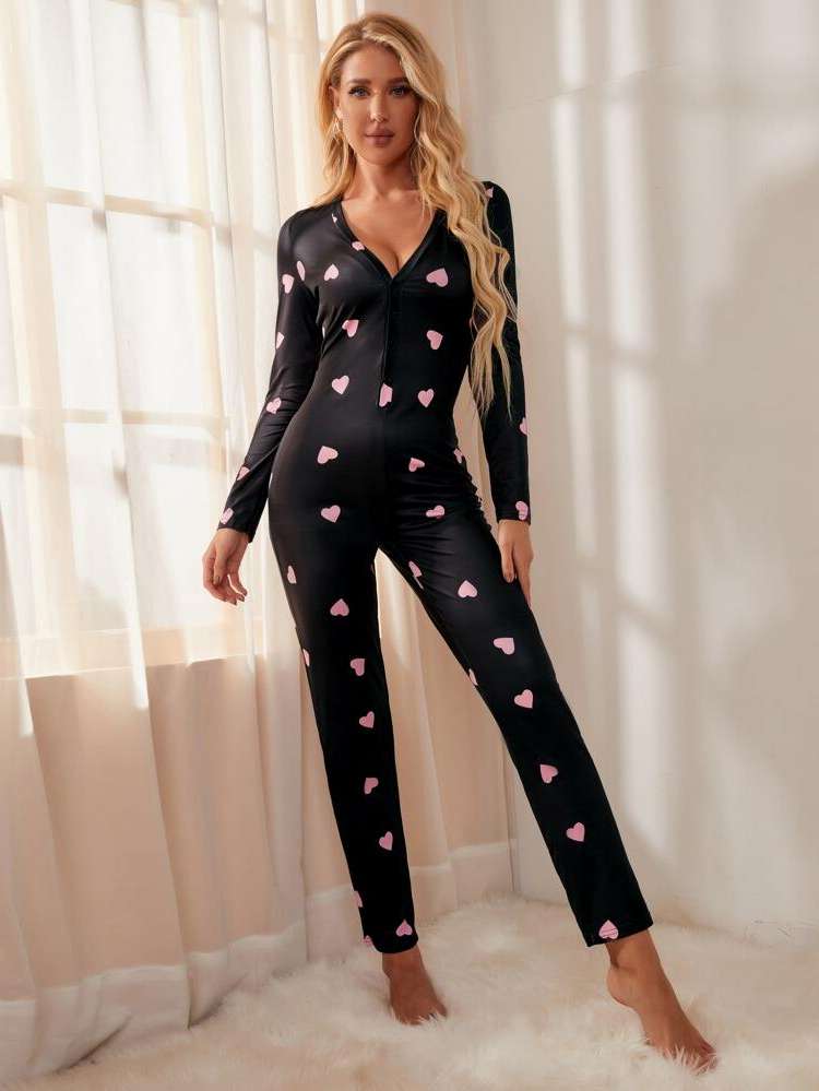  All Over Print Black Button Front Women Sleep  Lounge 6930