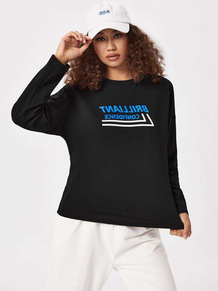 Long Sleeve Letter Round Neck Regular Fit Women Activewear 8110