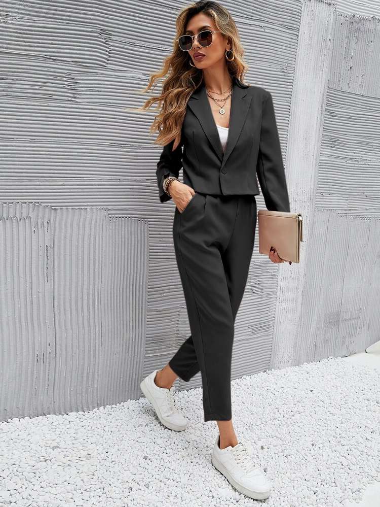 Black Plain Lapel Women Suit Sets 9216