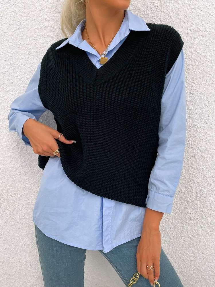  Black V neck Women Sweater Vests 965