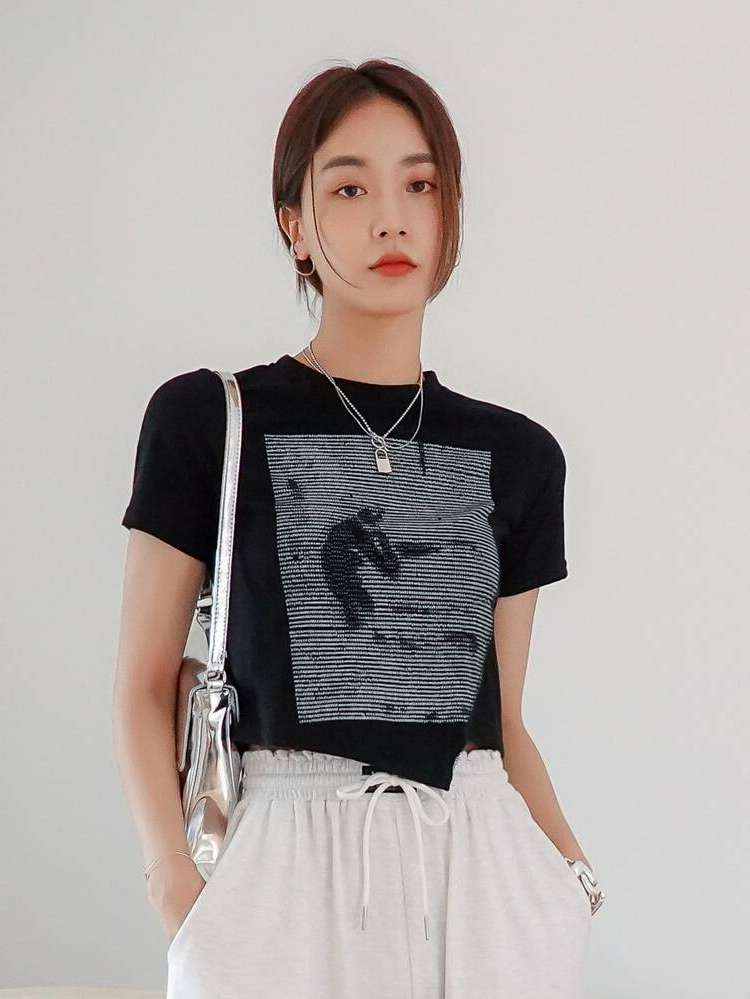 Regular Fit Crop Black Women Tops, Blouses  Tee 395