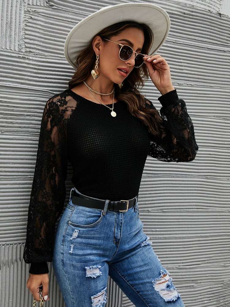  Plain Contrast Lace Elegant Women Tops, Blouses  Tee 246