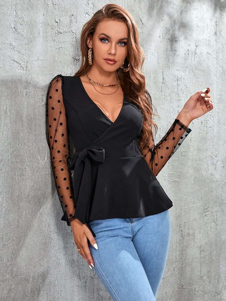 Regular Deep V Neck Contrast Mesh Black Women Tops 207