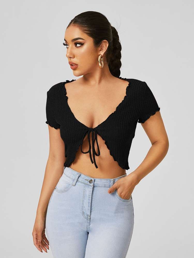 Black Lettuce Trim Crop Sexy Women Tops, Blouses  Tee 6696