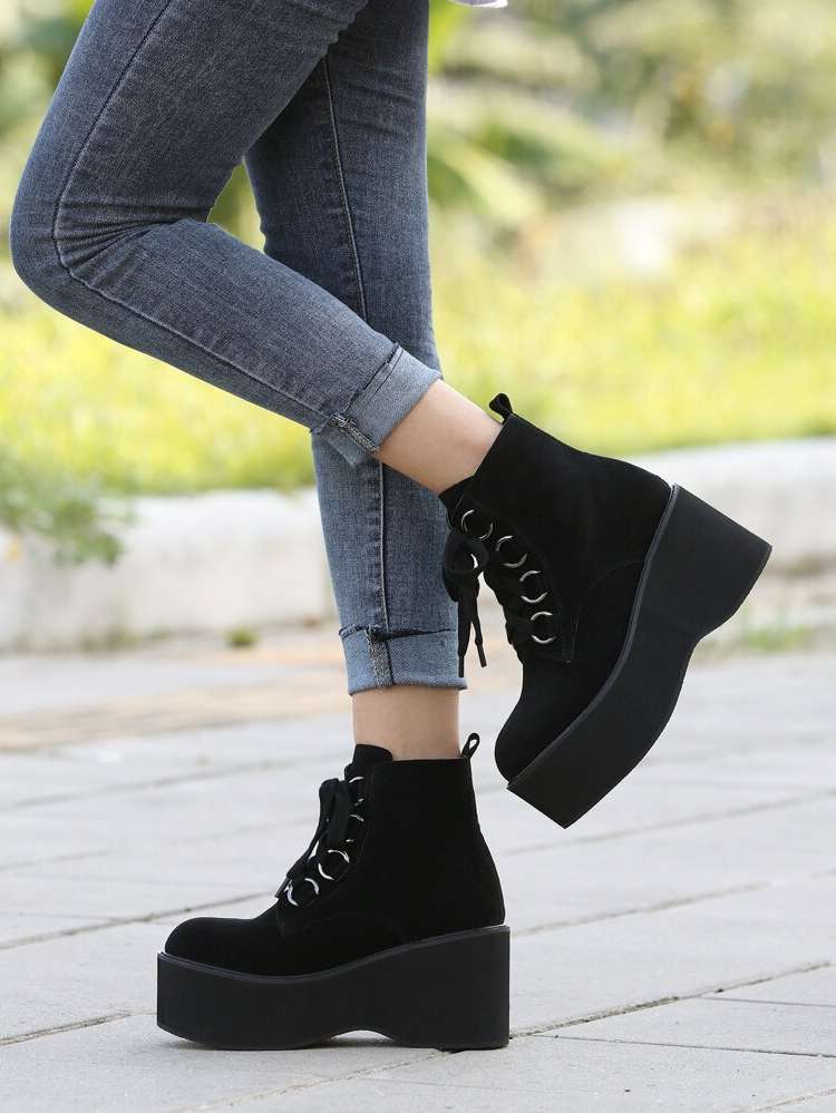  Punk Lace Up Women Wedge Boots 4950