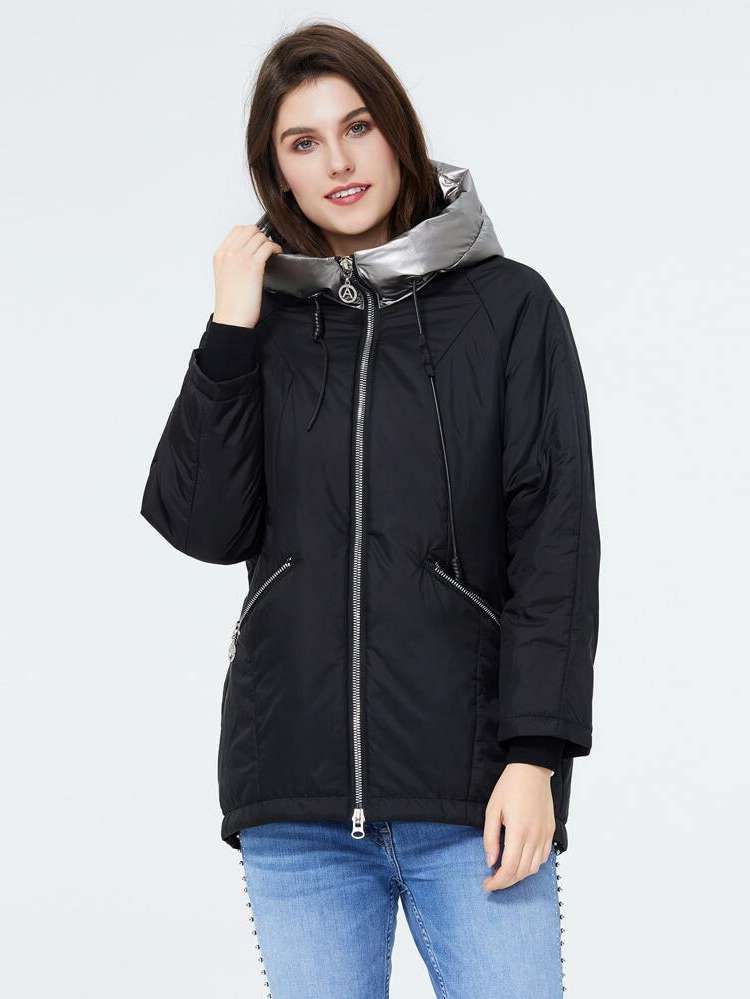 Zipper Short Colorblock Women Winter Coats 3982