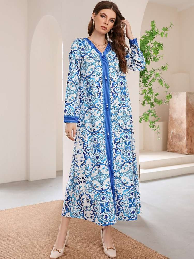  Modest Blue and White Contrast Binding Arabian Dresses 4182