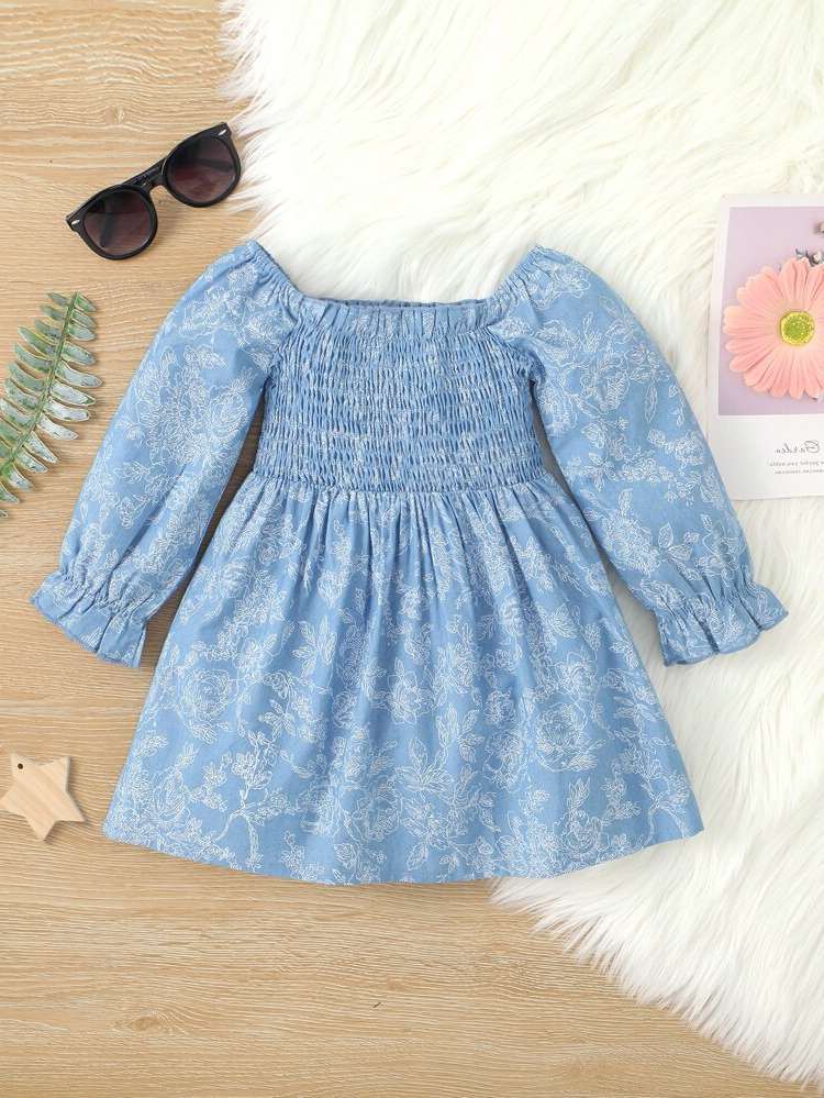 Blue and White Long Sleeve Midi Square Neck Baby Clothing 7270