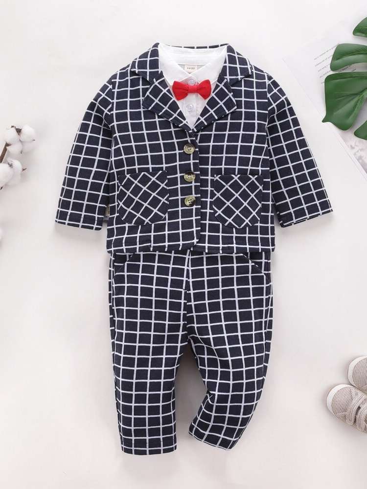 Casual Plaid Long Sleeve Blue and White Baby Sets 75