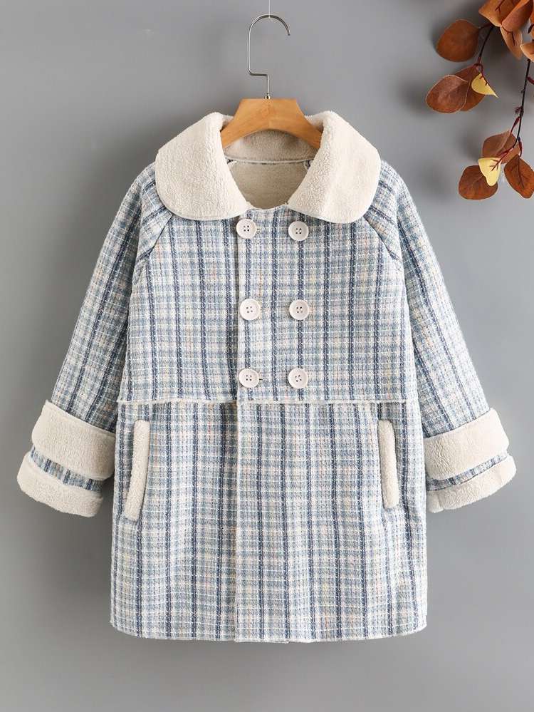  Blue and White Peter Pan Collar Double Button Girls Overcoats 2210