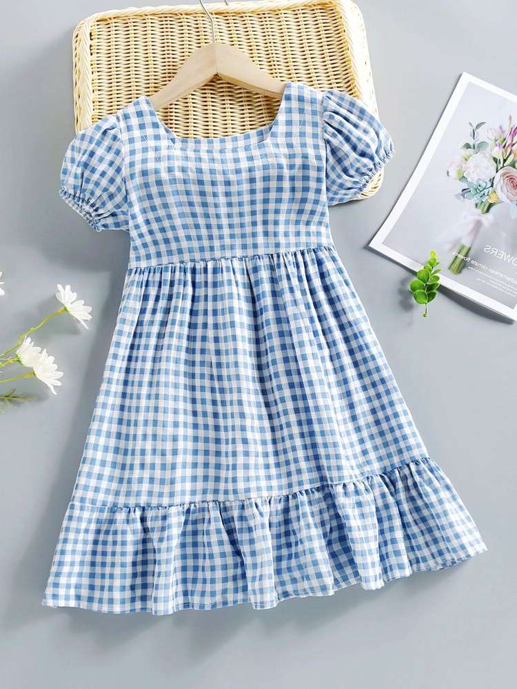 Gingham Ruffle Hem Square Neck Girls Clothing 5974