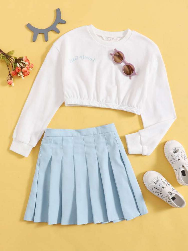  Letter Regular Fit Long Sleeve Girls Two-piece Outfits 1124