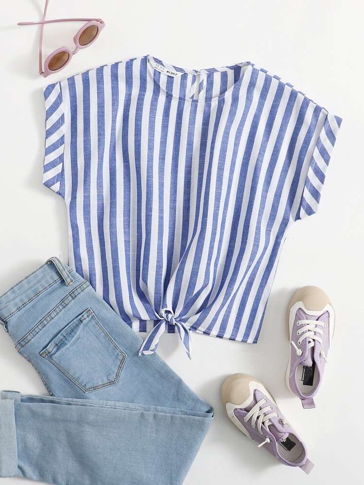  Round Neck Blue and White Striped Girls Tops 753