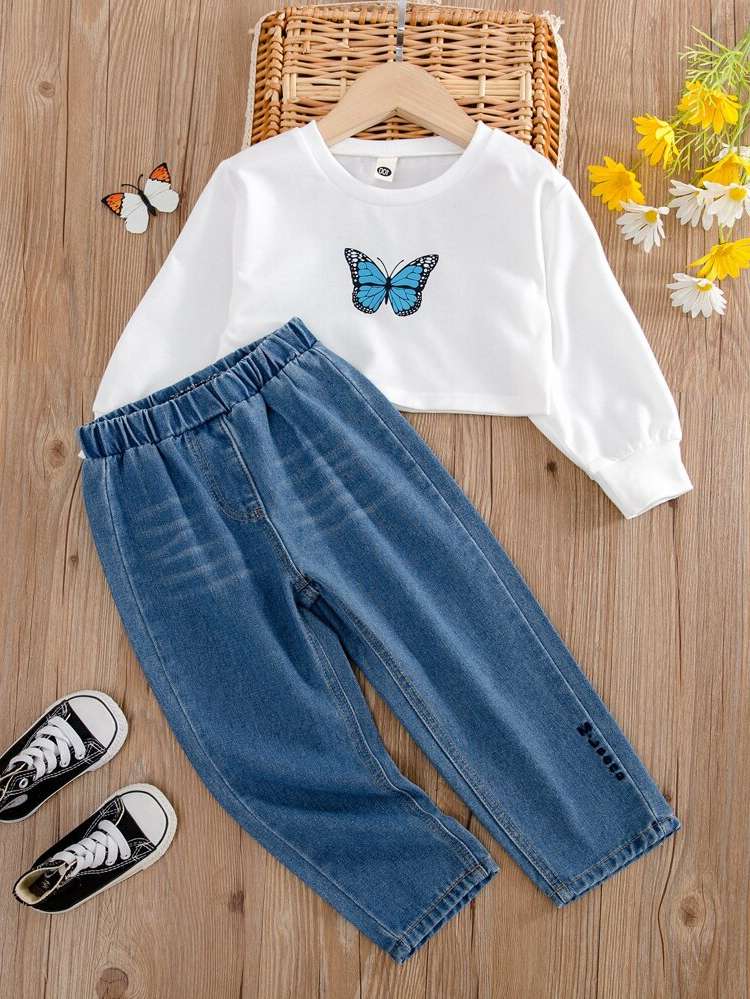  Round Neck Butterfly Toddler Girl Two-piece Outfits 8858