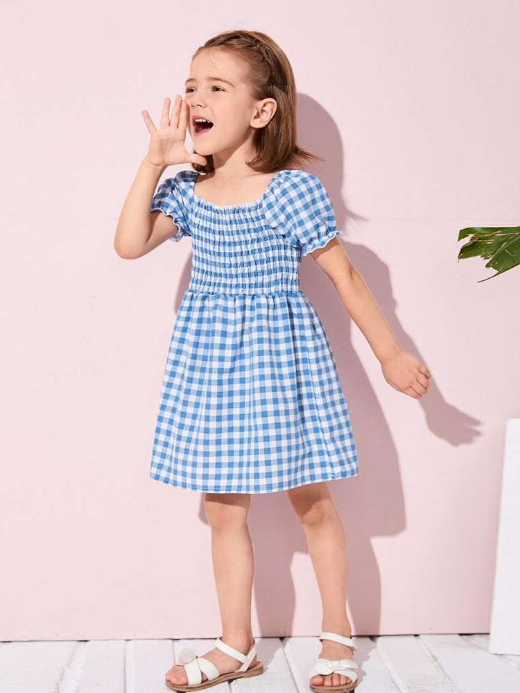 Short Cute Gingham Shirred Toddler Girls Clothing 6096