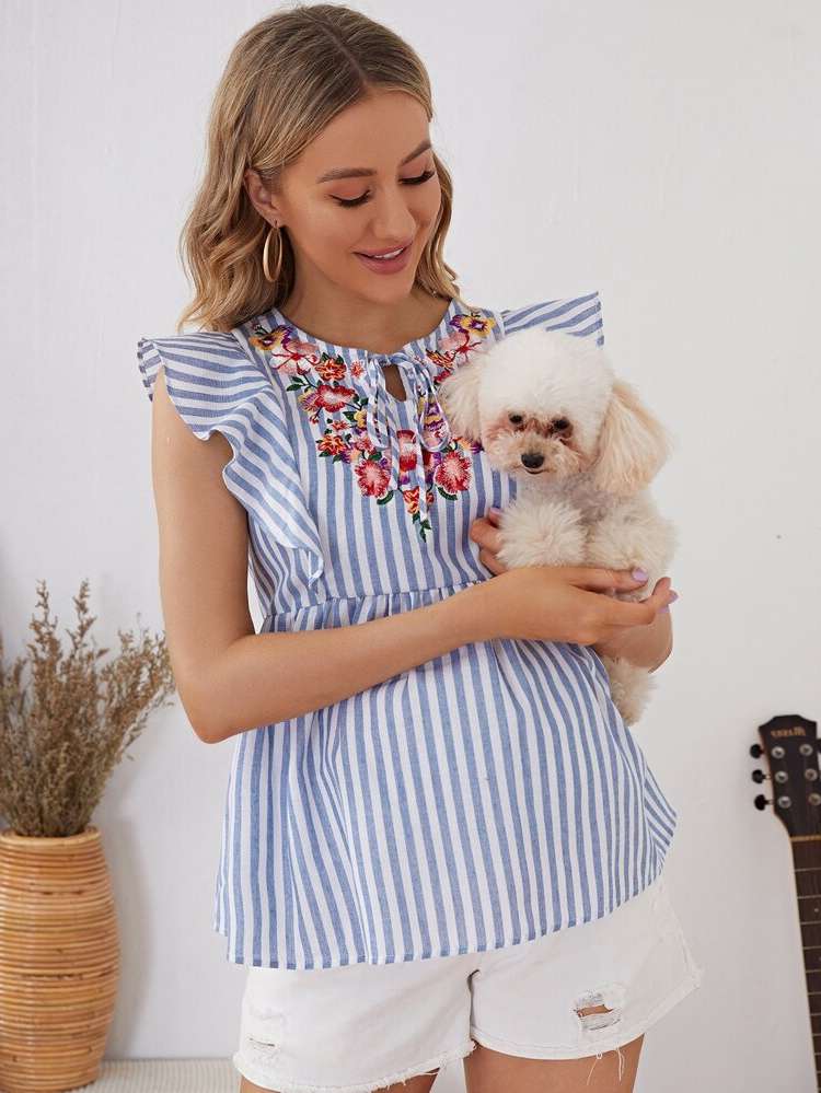 Regular Fit Ruffle Striped Tie Neck Maternity Blouses 50