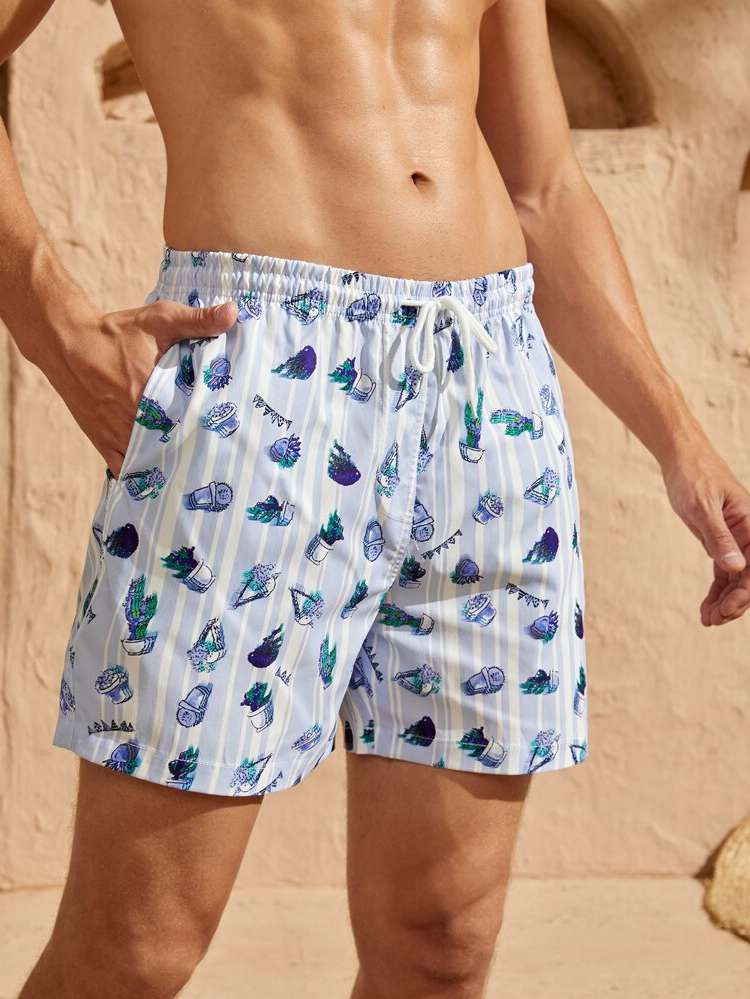  Drawstring Blue and White Men Beach Shorts 8574