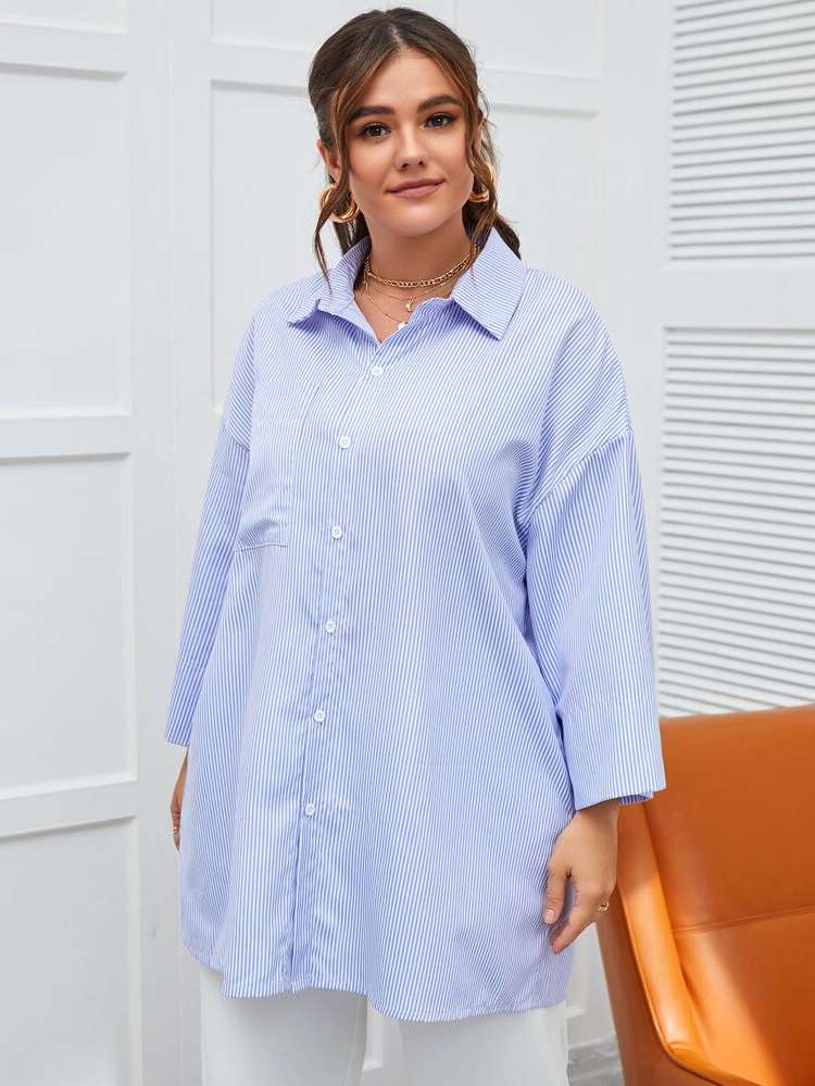 Collar Long Sleeve Long Blue and White Plus Size Blouses 7106