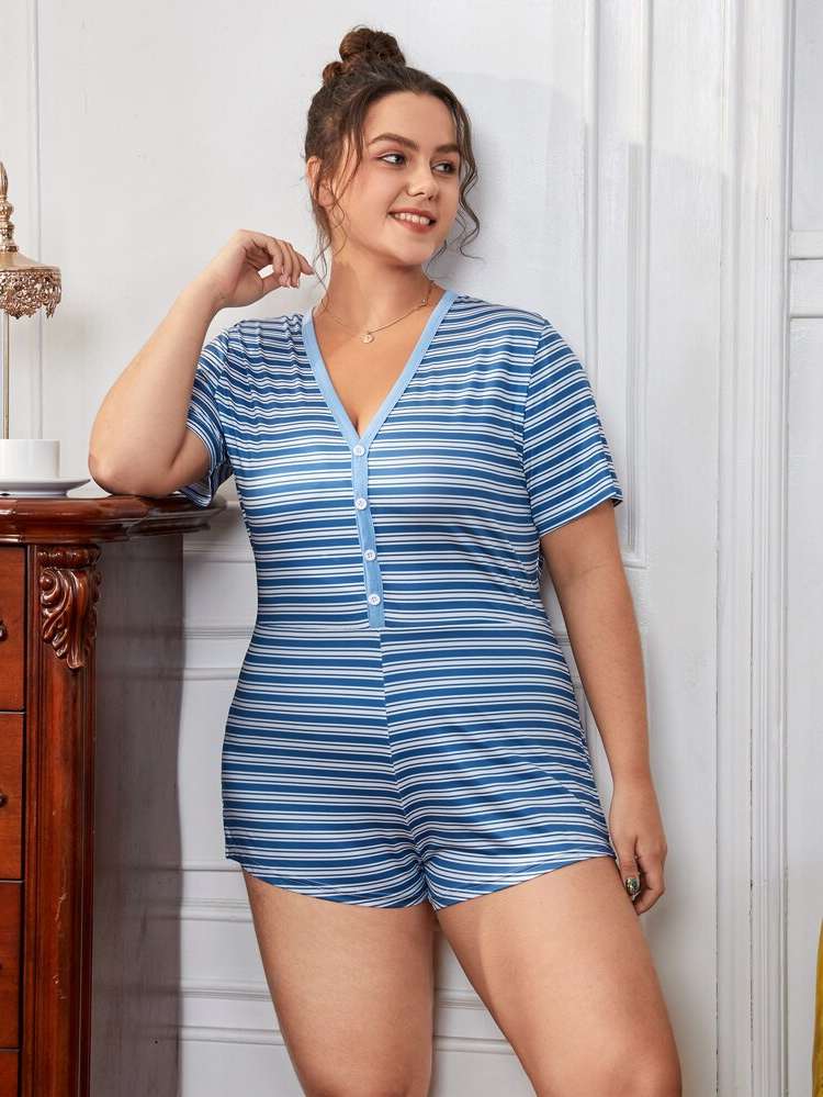 Button Front Striped V neck Short Sleeve Underwear  Sleepwear 1224