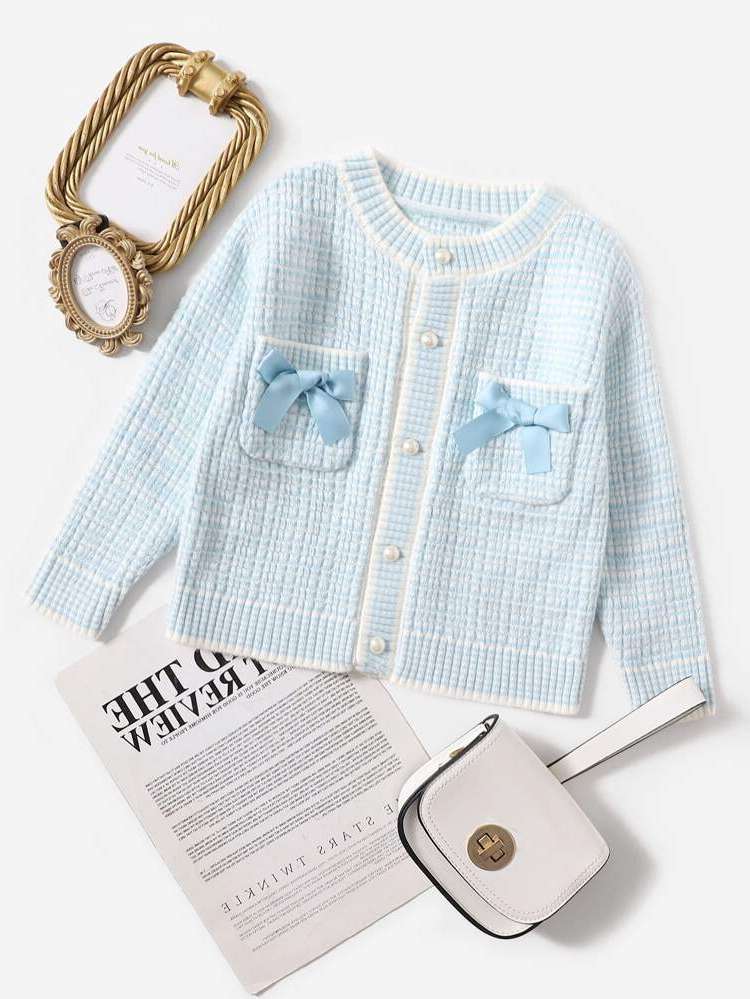 Blue and White Plaid Long Sleeve Round Neck Toddler Girls Clothing 5250