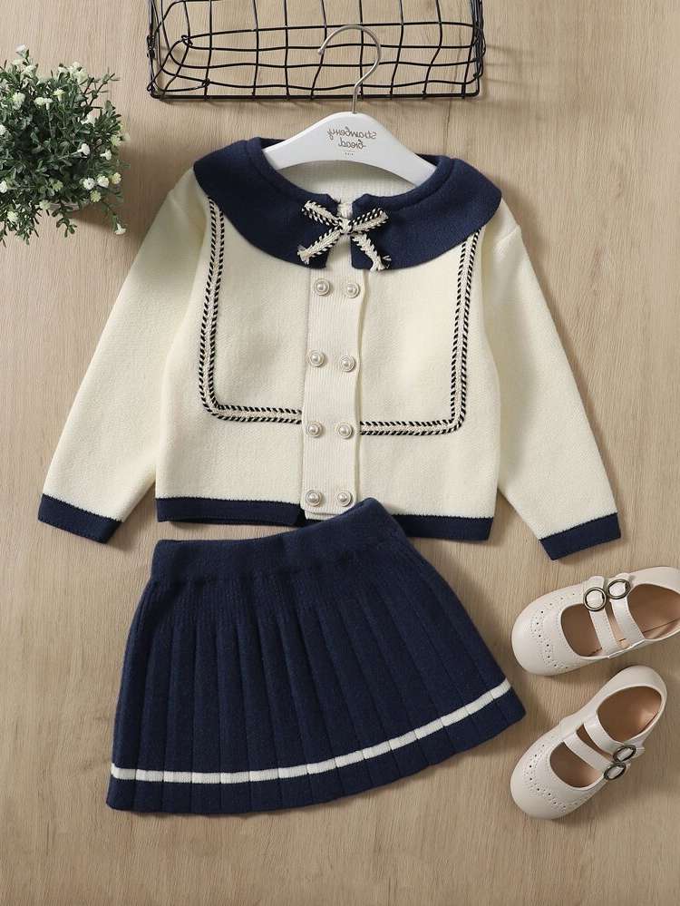 Regular Fit Preppy Peter Pan Collar Bow Kids Clothing 1629