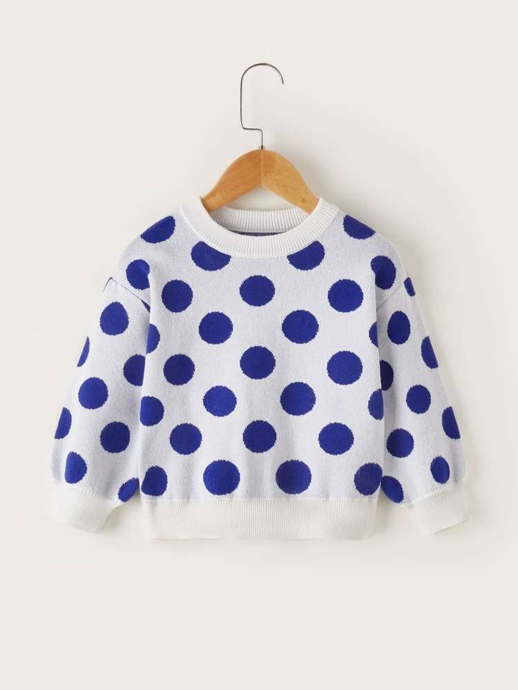 Long Sleeve Blue and White Polka Dot Toddler Girl Sweaters 2818