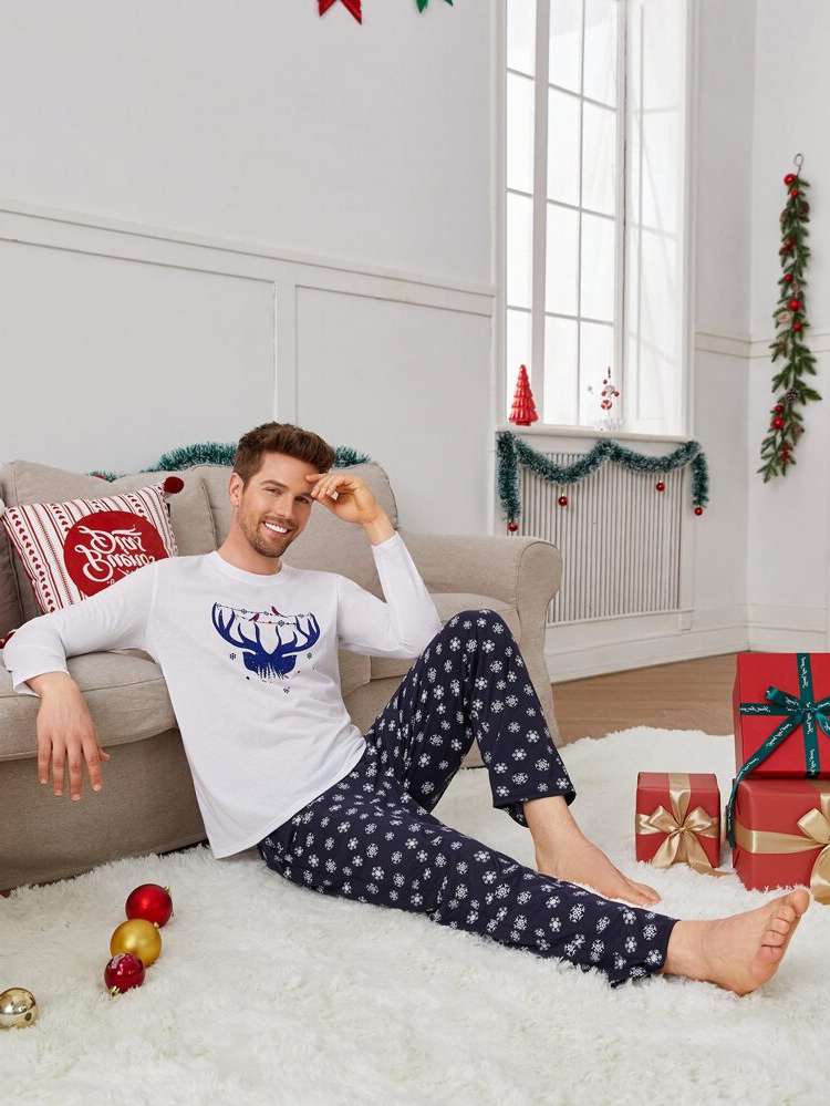 Blue and White Casual Christmas Round Neck Men Loungewear Sets 8648