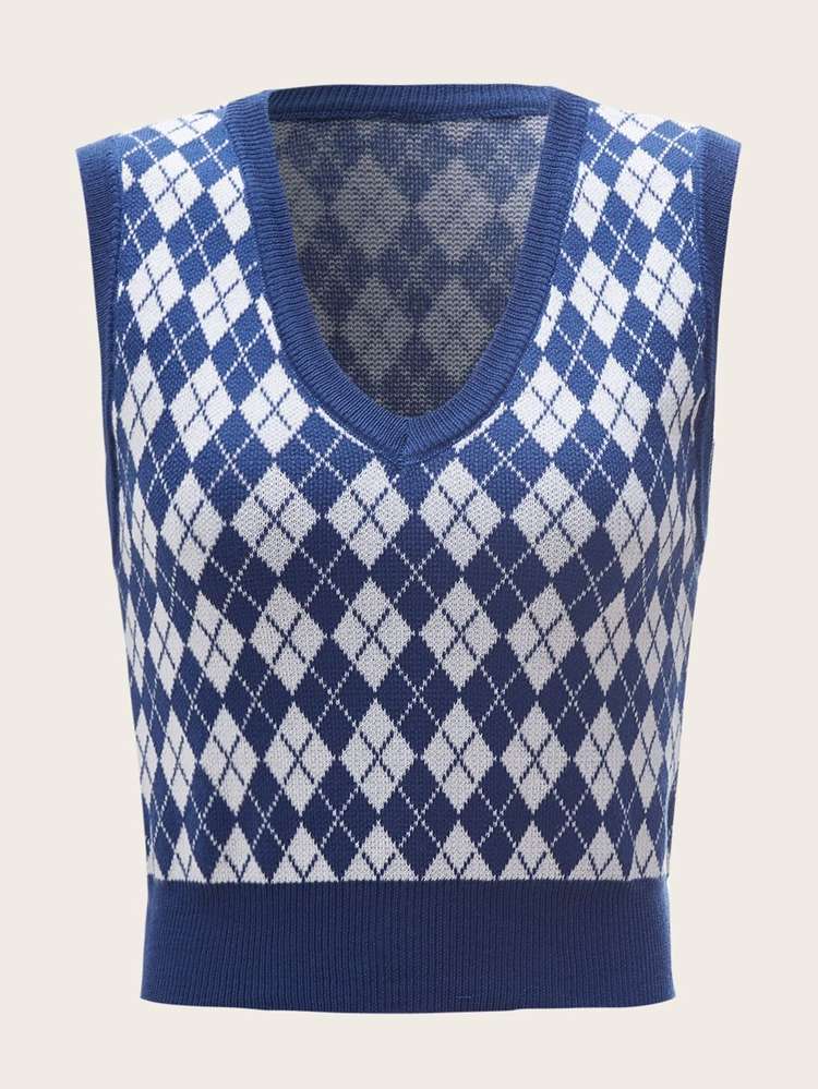 Blue and White V neck Regular Fit Women Sweater Vests 147