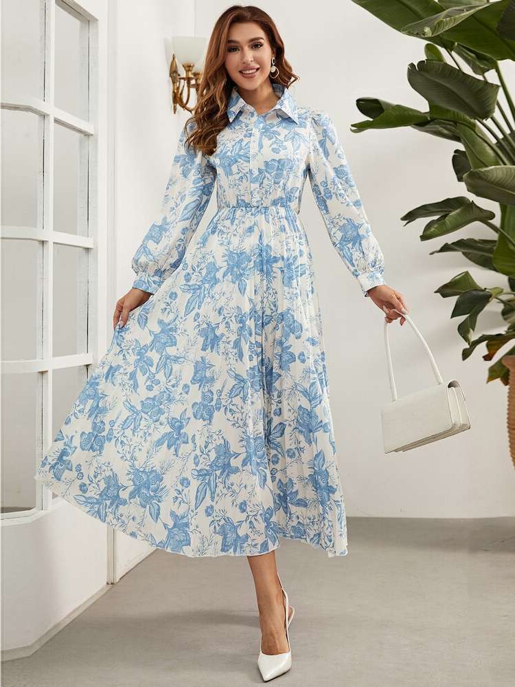  Blue and White Floral Women Dresses 9641