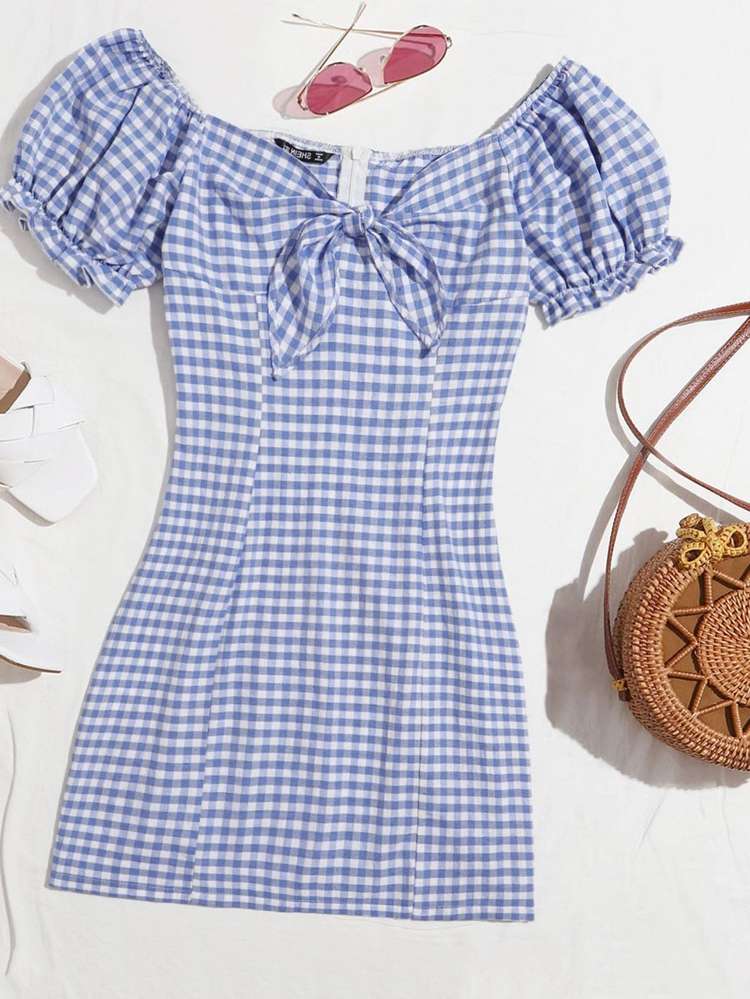 Gingham Ruffle Blue and White Off the Shoulder Women Clothing 901