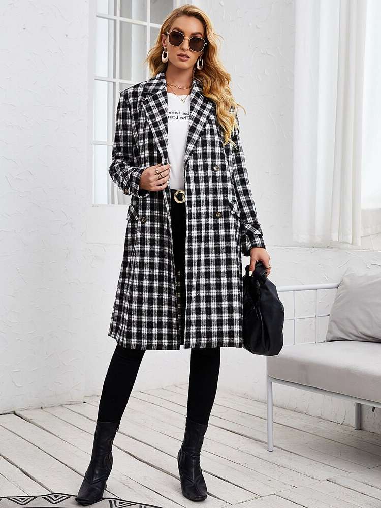 Lapel Midi Blue and White Women Overcoats 174