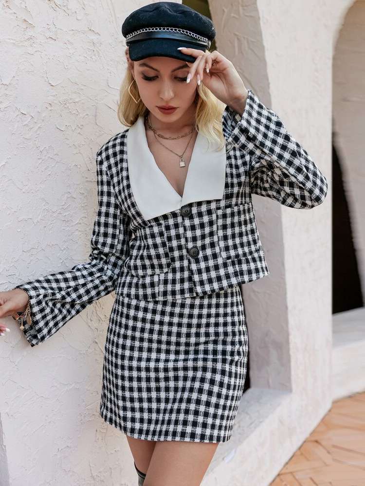 Casual Collar Houndstooth Women Outerwear 4370