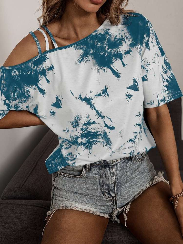 Blue and White Tie Dye Regular Women Tops, Blouses  Tee 1799