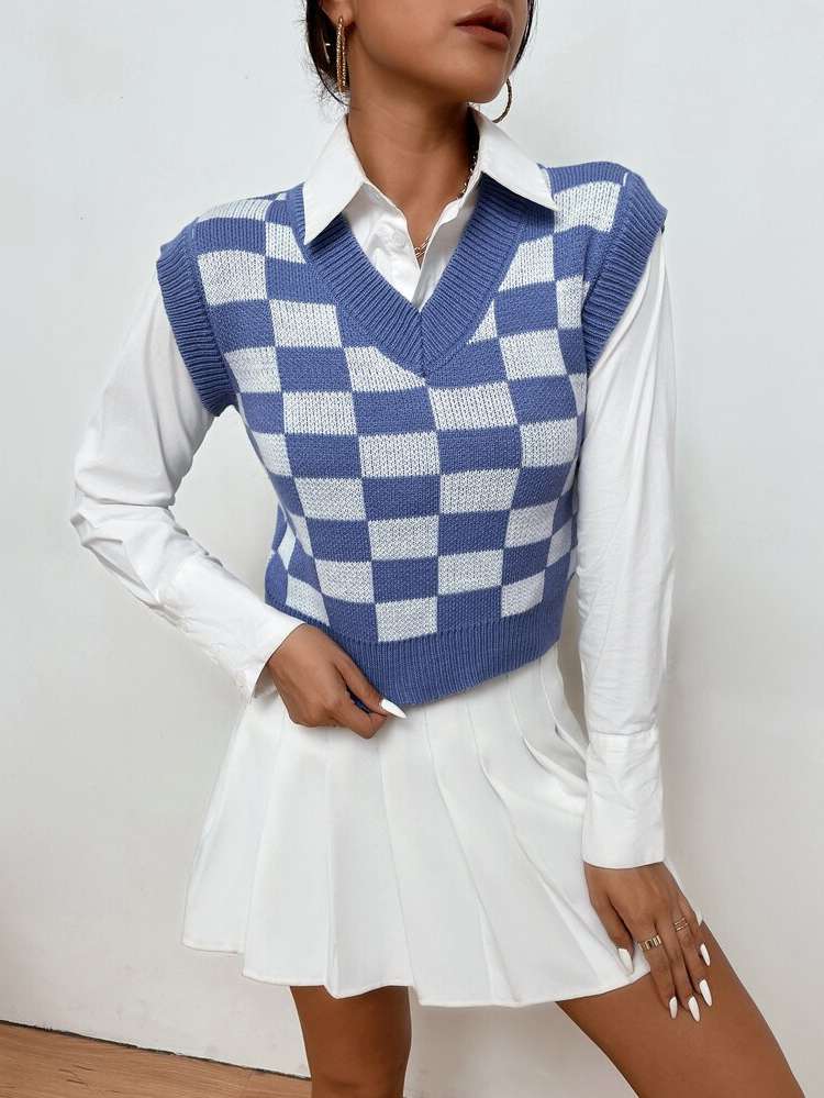 V neck Gingham Women Clothing 6223