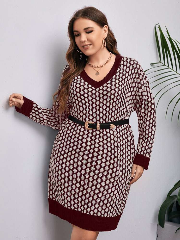  Regular Fit V neck Plus Size Sweater Dresses 6544