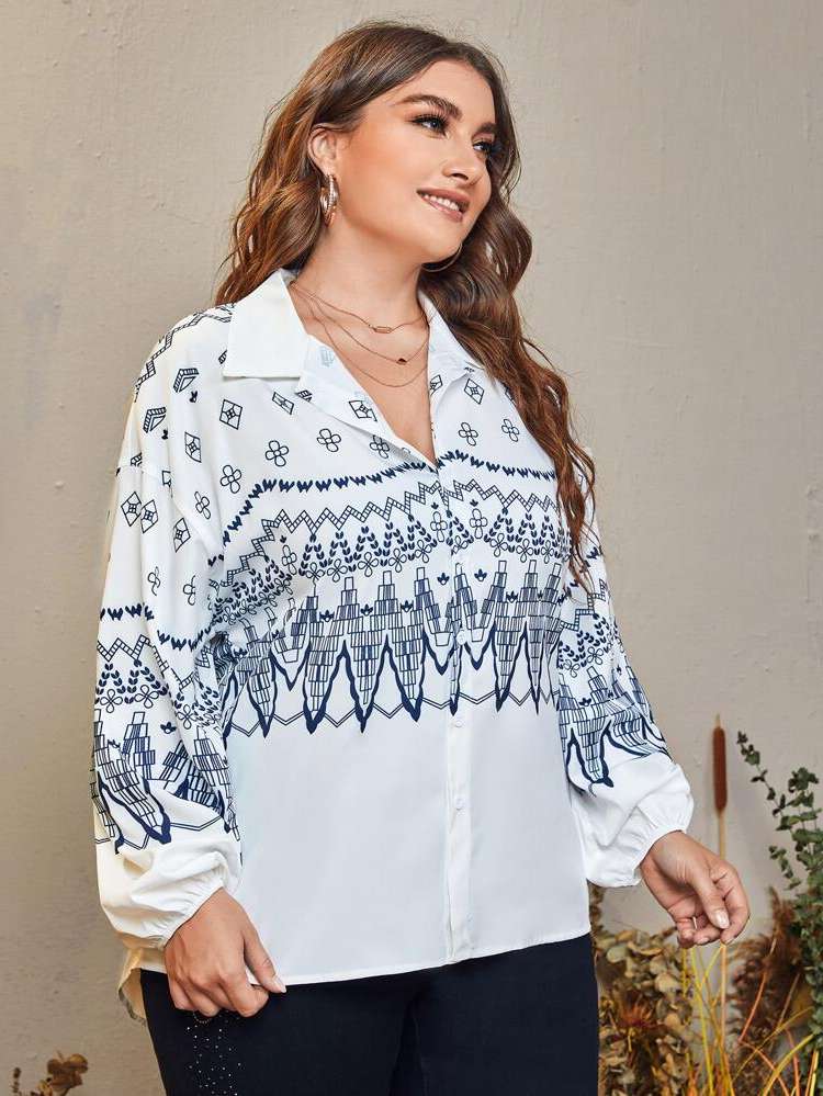 Casual Button Front Blue and White Plus Size Blouses 4996